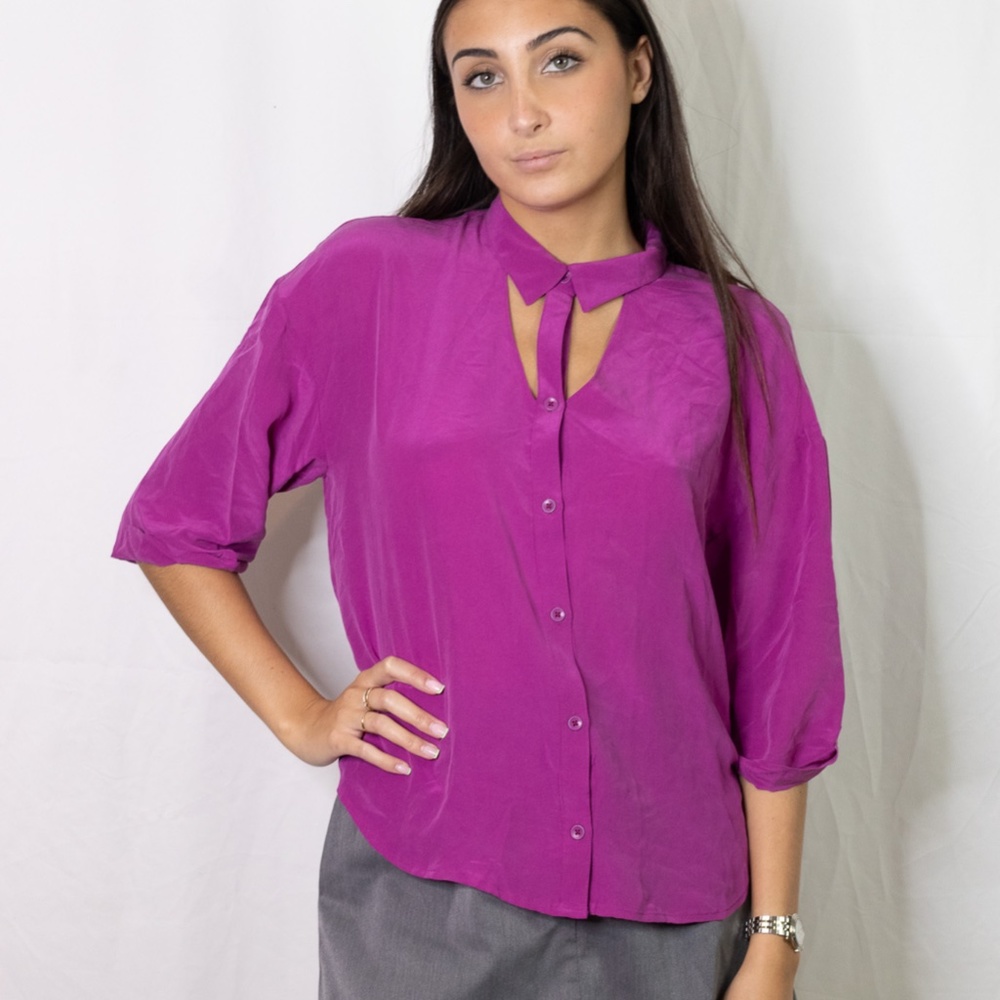 Anthropologie Maeve fuchsia silk button up blouse